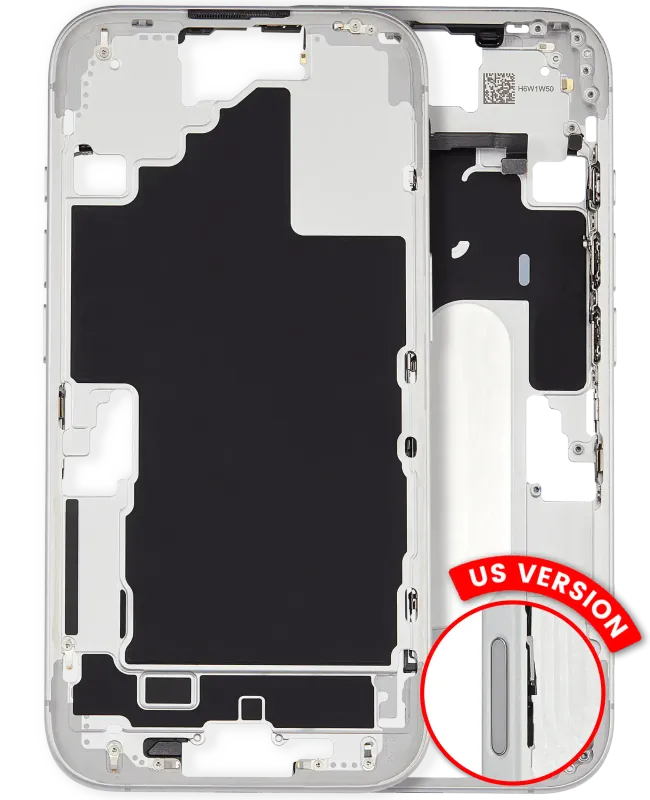 Střední rám (housing) s drobnými díly pro iPhone 16 (US verze) (originál z vyřazeného zařízení, stav A) (bílá)