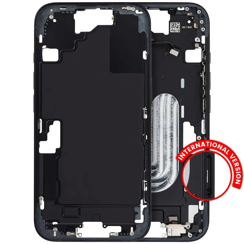 Střední rám (housing) s drobnými díly pro iPhone 16 (EU verze) (originál z vyřazeného zařízení, stav A) (černá)
