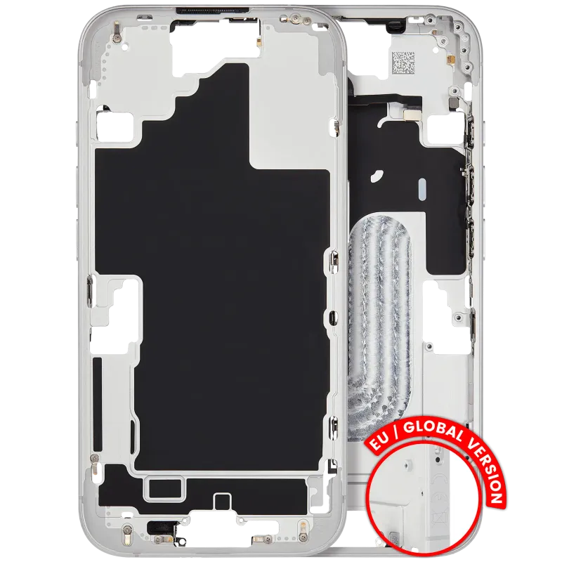 Střední rám (housing) s drobnými díly pro iPhone 16 (EU verze) (originál z vyřazeného zařízení, stav A) (bílá)