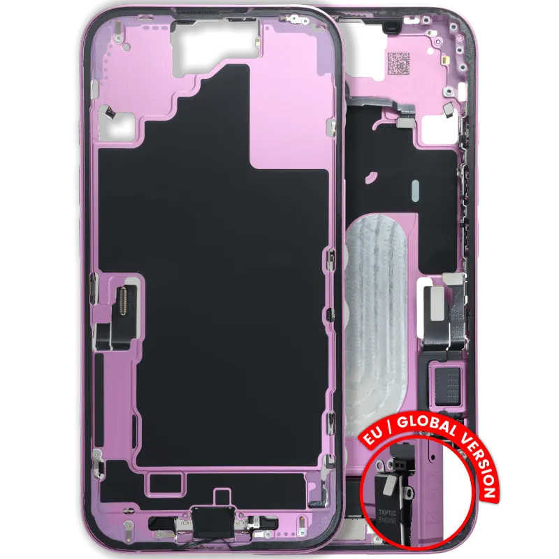 Střední rám (housing) s flexem nabíjecího konektoru a drobnými díly pro iPhone 16 (EU verze) (originál z vyřazeného zařízení, stav A) (růžová)