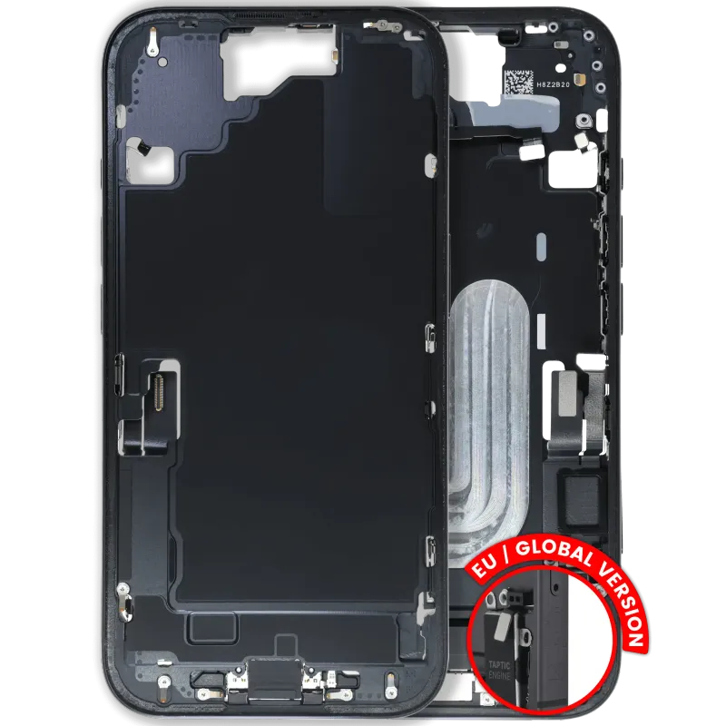 Střední rám (housing) s flexem nabíjecího konektoru a drobnými díly pro iPhone 16 (EU verze) (originál z vyřazeného zařízení, stav A) (černá)