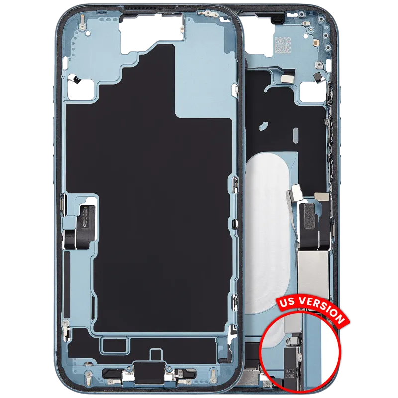Střední rám (housing) s flexem nabíjecího konektoru a drobnými díly pro iPhone 16 (US verze) (originál z vyřazeného zařízení, stav A) (modrozelená)