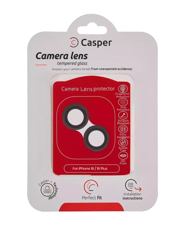 Ochrana objektivu Casper pro iPhone 16 / 16 Plus (černá) (průhledné)