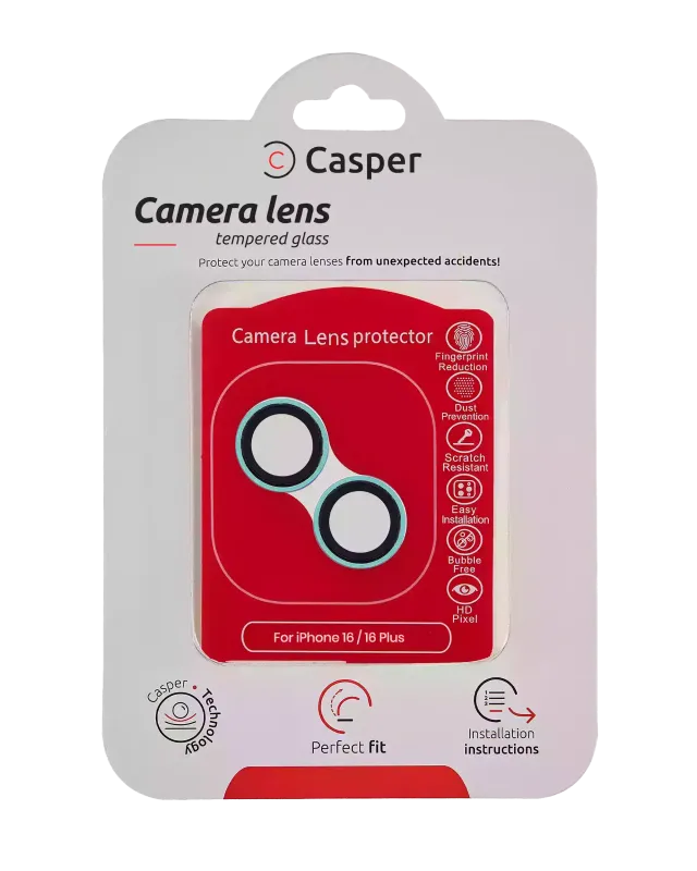 Ochrana objektivu Casper pro iPhone 16 / 16 Plus (modrozelená) (průhledné)