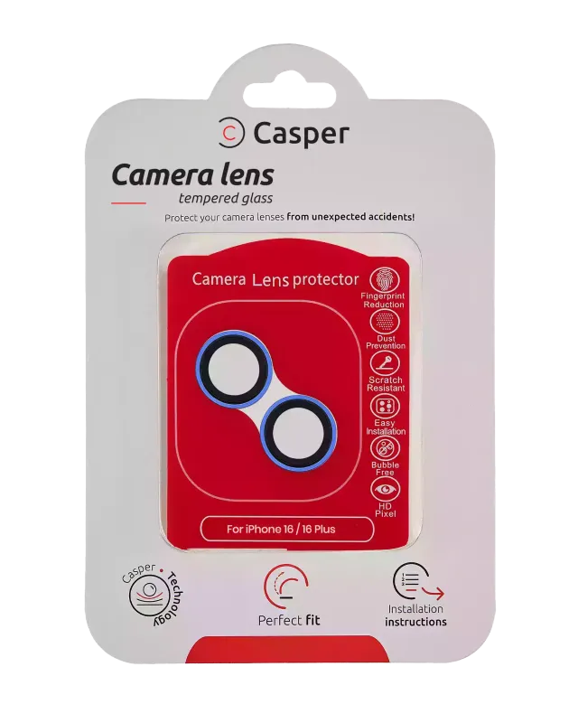 Ochrana objektivu Casper pro iPhone 16 / 16 Plus (ultramarínová) (průhledné)