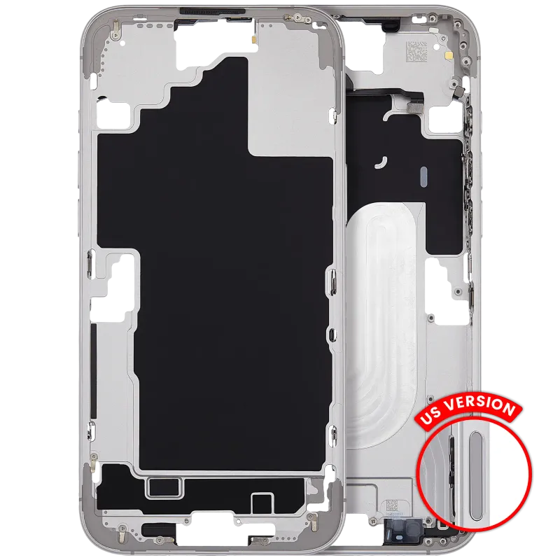 Střední rám (housing) s tlačítky zapínání a hlasitosti pro iPhone 16 Plus (US verze) (Aftermarket Plus) (bílá)