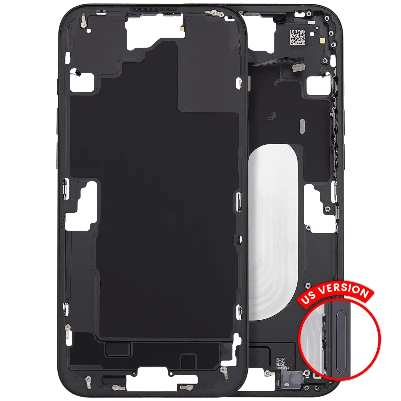 Střední rám (housing) s tlačítky zapínání a hlasitosti pro iPhone 16 Plus (US verze) (Aftermarket Plus) (černá)