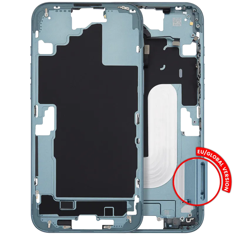 Střední rám (housing) s tlačítky zapínání a hlasitosti pro iPhone 16 Plus (EU verze) (Aftermarket Plus) (modrozelená)