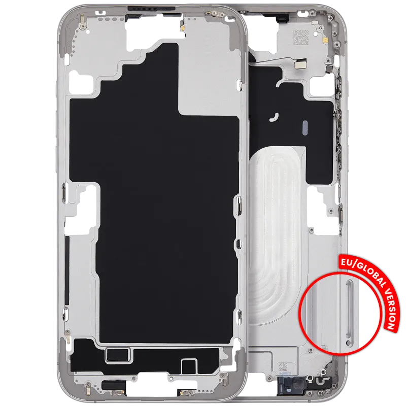 Střední rám (housing) s tlačítky zapínání a hlasitosti pro iPhone 16 Plus (EU verze) (Aftermarket Plus) (bílá)