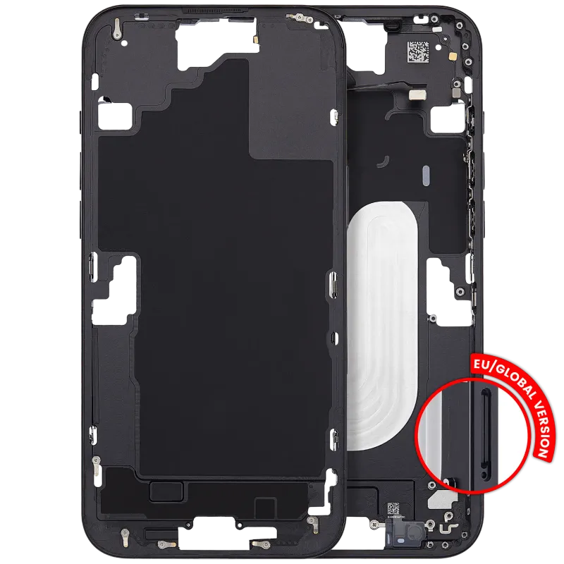 Střední rám (housing) s tlačítky zapínání a hlasitosti pro iPhone 16 Plus (EU verze) (Aftermarket Plus) (černá)