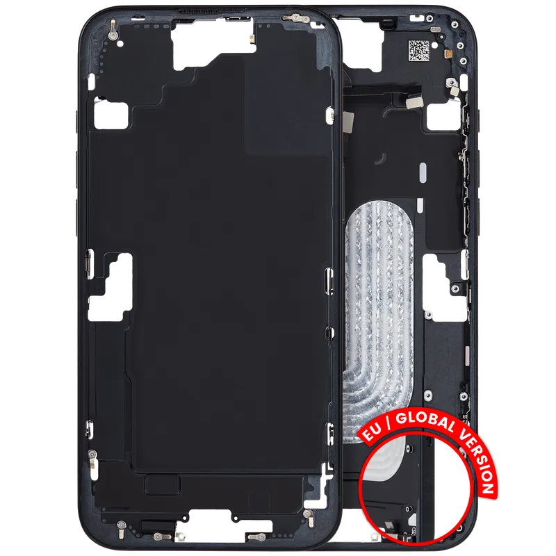 Střední rám (housing) s drobnými díly pro iPhone 16 Plus (EU verze) (originál z vyřazeného zařízení, stav C) (černá)