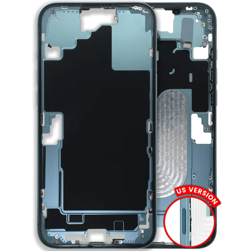 Střední rám (housing) s drobnými díly pro iPhone 16 Plus (US verze) (originál z vyřazeného zařízení, stav C) (modrozelená)