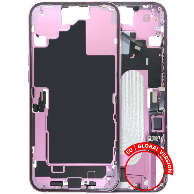 Střední rám (housing) s flexem nabíjecího konektoru a drobnými díly pro iPhone 16 Plus (EU verze) (originál z vyřazeného zařízení, stav C) (růžová)
