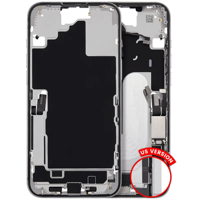 Střední rám (housing) s flexem nabíjecího konektoru a drobnými díly pro iPhone 16 Plus (US verze) (originál z vyřazeného zařízení, stav C) (bílá)