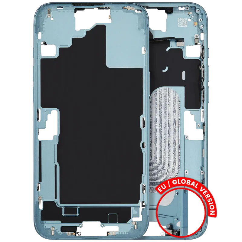 Střední rám (housing) s drobnými díly pro iPhone 16 Plus (EU verze) (originál z vyřazeného zařízení, stav B) (modrozelená)