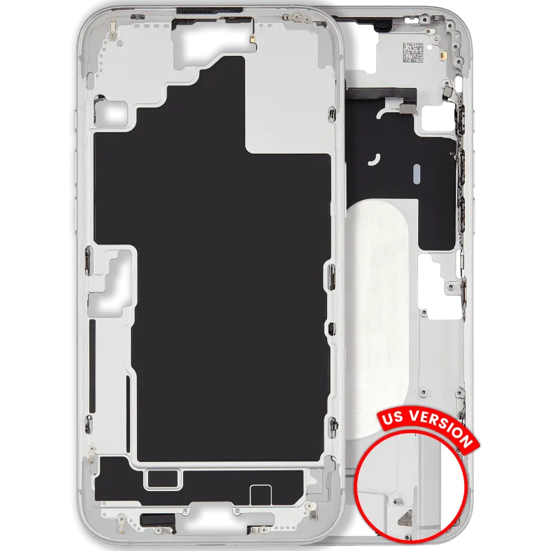 Střední rám (housing) s drobnými díly pro iPhone 16 Plus (US verze) (originál z vyřazeného zařízení, stav B) (bílá)