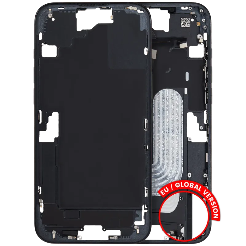 Střední rám (housing) s drobnými díly pro iPhone 16 Plus (EU verze) (originál z vyřazeného zařízení, stav B) (černá)