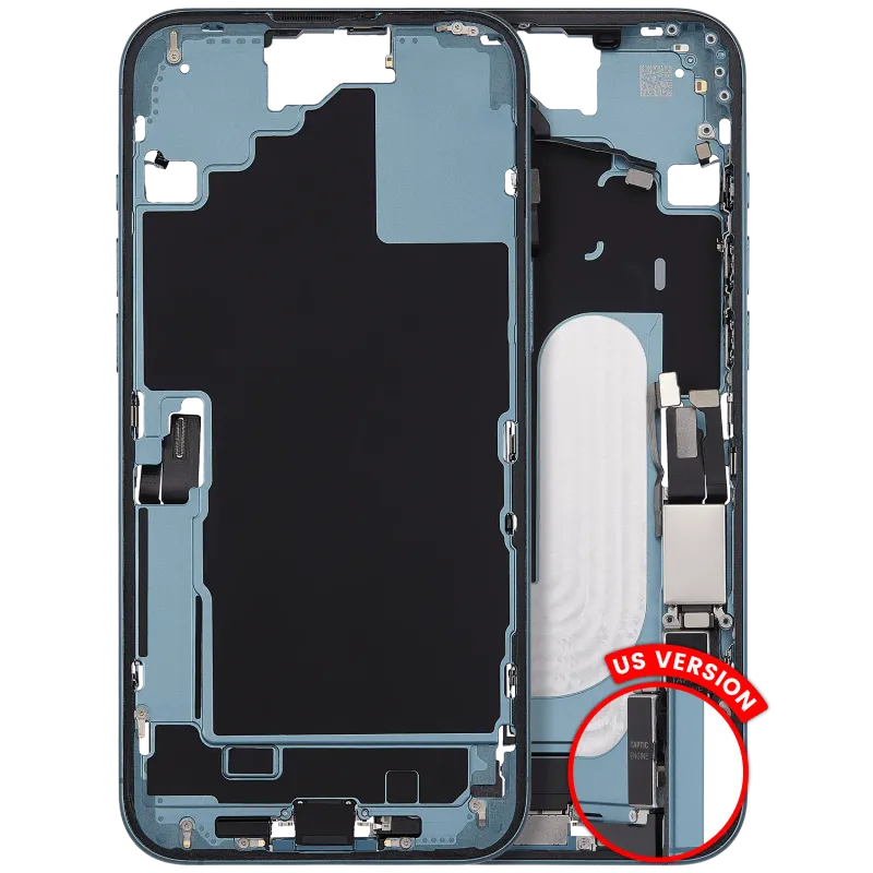 Střední rám (housing) s flexem nabíjecího konektoru a drobnými díly pro iPhone 16 Plus (US verze) (originál z vyřazeného zařízení, stav B) (modrozelená)