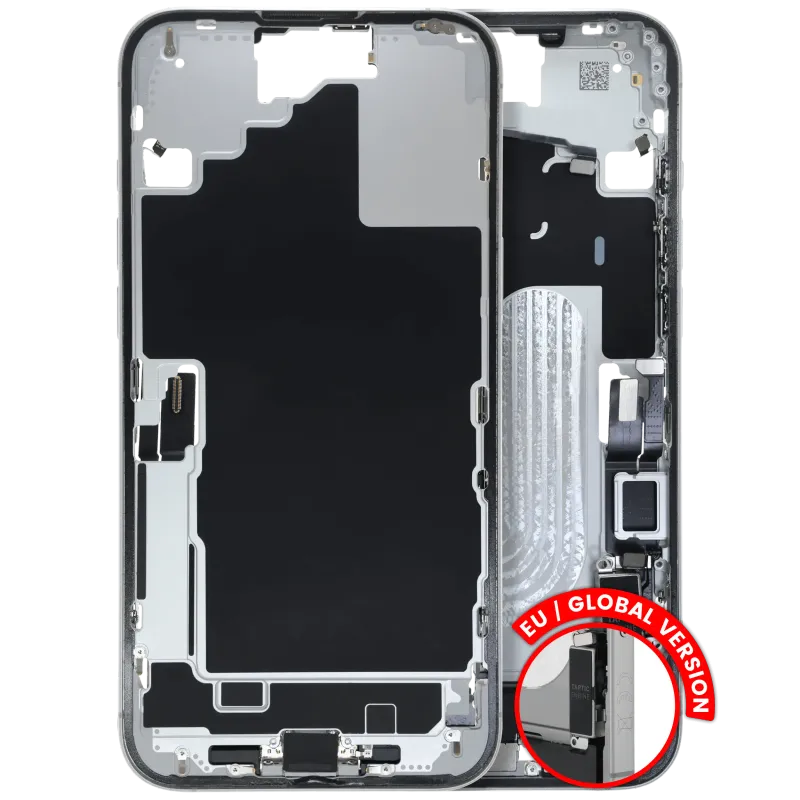 Střední rám (housing) s flexem nabíjecího konektoru a drobnými díly pro iPhone 16 Plus (EU verze) (originál z vyřazeného zařízení, stav B) (bílá)
