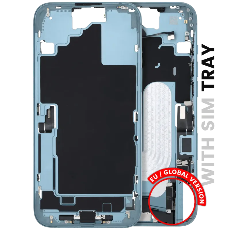 Střední rám (housing) s flexem nabíjecího konektoru a drobnými díly pro iPhone 16 Plus (EU verze) (originál z vyřazeného zařízení, stav B) (modrozelená)