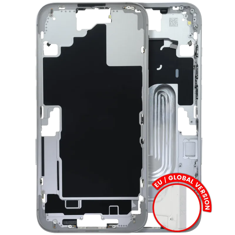 Střední rám (housing) s drobnými díly pro iPhone 16 Plus (EU verze) (originál z vyřazeného zařízení, stav C) (bílá)