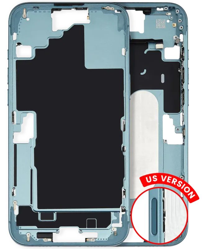 Střední rám (housing) s drobnými díly pro iPhone 16 Plus (US verze) (originál z vyřazeného zařízení, stav A) (modrozelená)