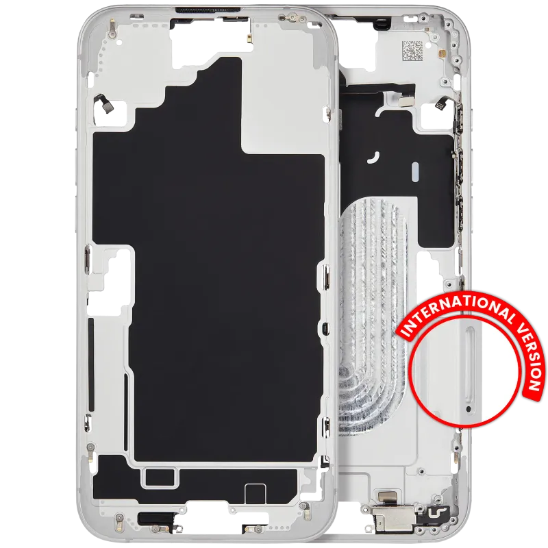 Střední rám (housing) s drobnými díly pro iPhone 16 Plus (EU verze) (originál z vyřazeného zařízení, stav A) (bílá)