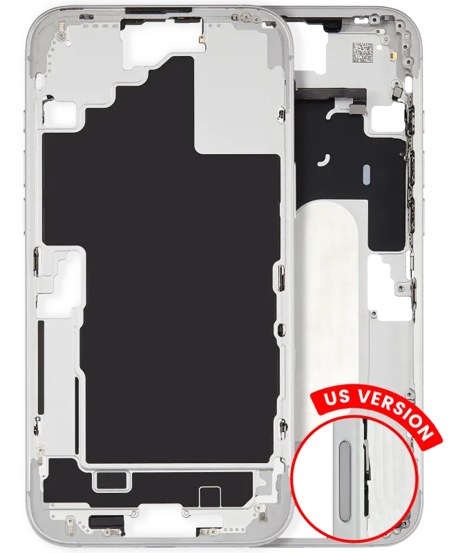 Střední rám (housing) s drobnými díly pro iPhone 16 Plus (US verze) (originál z vyřazeného zařízení, stav A) (bílá)