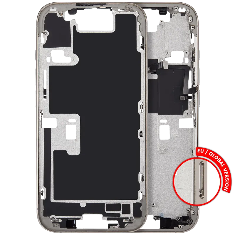 Střední rám (housing) s tlačítky zapínání a hlasitosti pro iPhone 16 Pro (EU verze) (Aftermarket Plus) (přírodní titan)