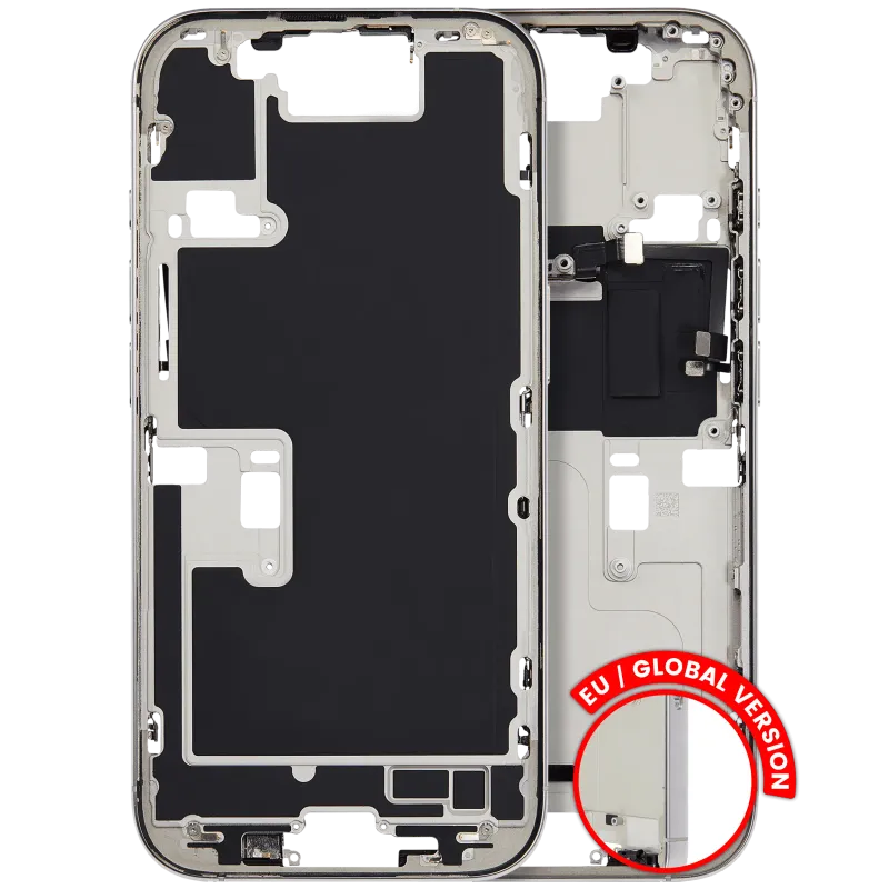 Střední rám (housing) s drobnými díly pro iPhone 16 Pro (EU verze) (originál z vyřazeného zařízení, stav C) (bílý titan)