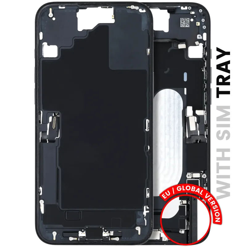 Střední rám (housing) s flexem nabíjecího konektoru a drobnými díly pro iPhone 16 Plus (EU verze) (originál z vyřazeného zařízení, stav A) (černá)