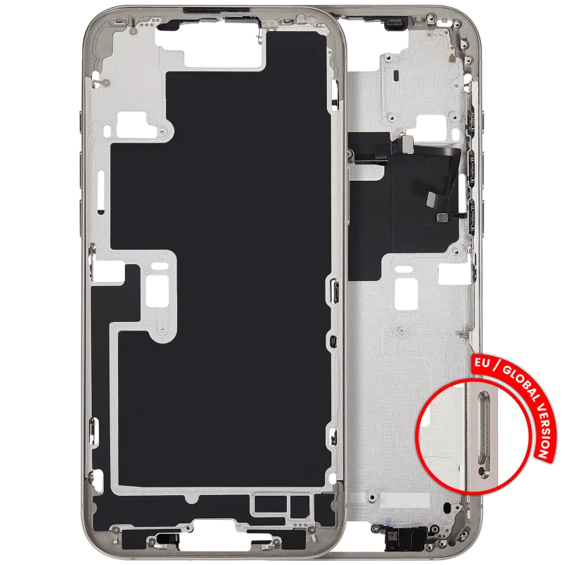 Střední rám (housing) s tlačítky zapínání a hlasitosti pro iPhone 16 Pro Max (EU verze) (Aftermarket Plus) (přírodní titan)
