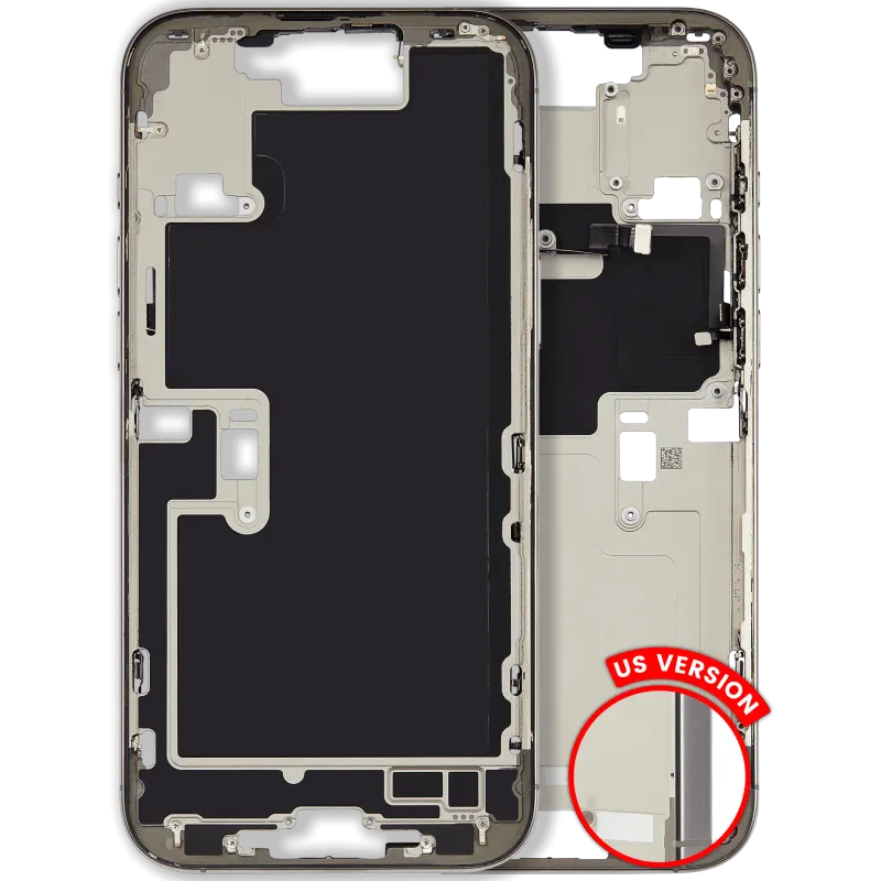 Střední rám (housing) s drobnými díly pro iPhone 16 Pro Max (US verze) (originál z vyřazeného zařízení, stav C) (přírodní titan)