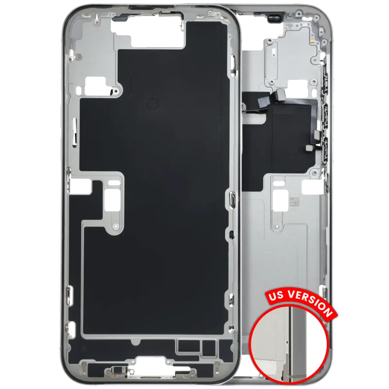 Střední rám (housing) s drobnými díly pro iPhone 16 Pro Max (US verze) (originál z vyřazeného zařízení, stav C) (bílý titan)