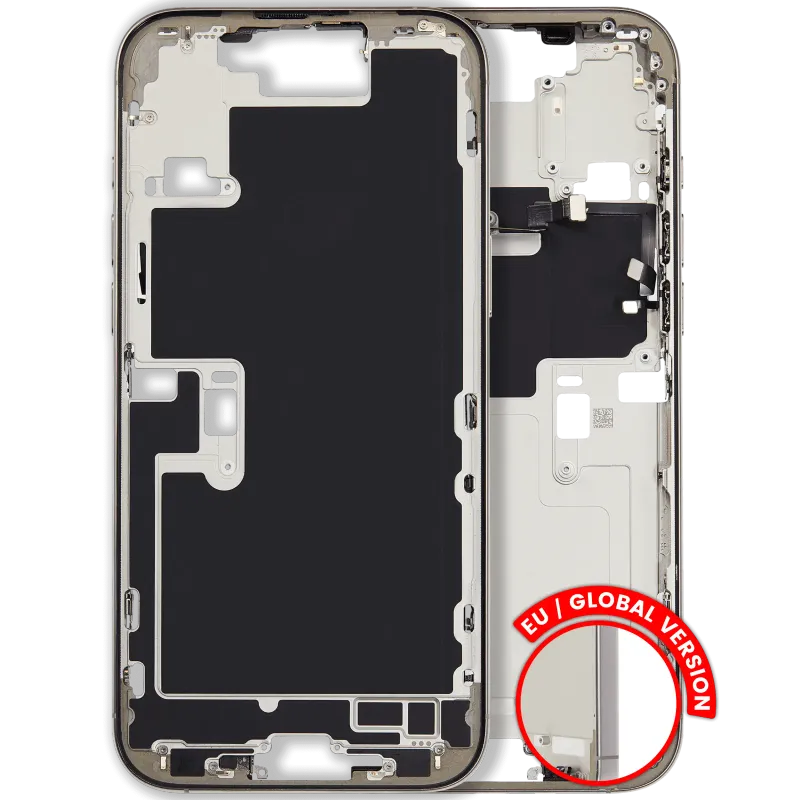 Střední rám (housing) s drobnými díly pro iPhone 16 Pro Max (EU verze) (originál z vyřazeného zařízení, stav C) (přírodní titan)