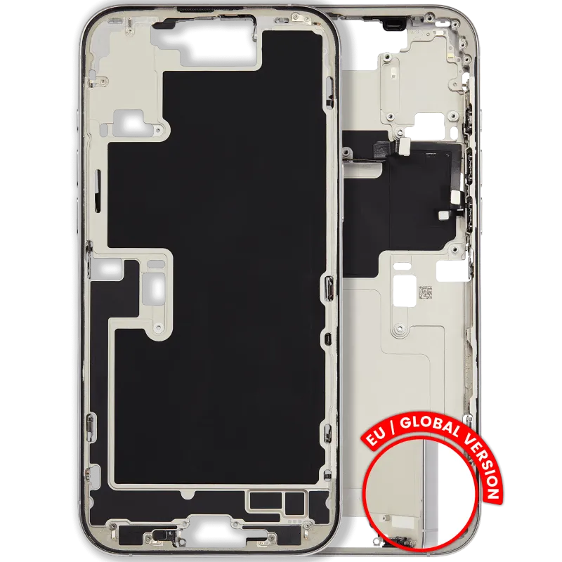 Střední rám (housing) s drobnými díly pro iPhone 16 Pro Max (EU verze) (originál z vyřazeného zařízení, stav C) (bílý titan)
