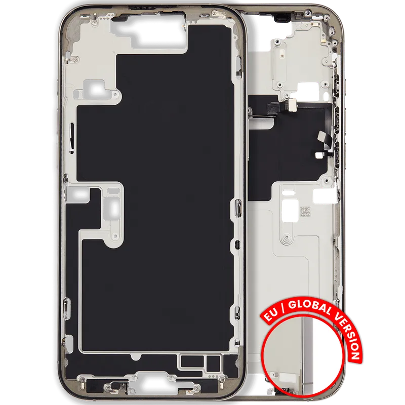 Střední rám (housing) s drobnými díly pro iPhone 16 Pro Max (EU verze) (originál z vyřazeného zařízení, stav B) (přírodní titan)