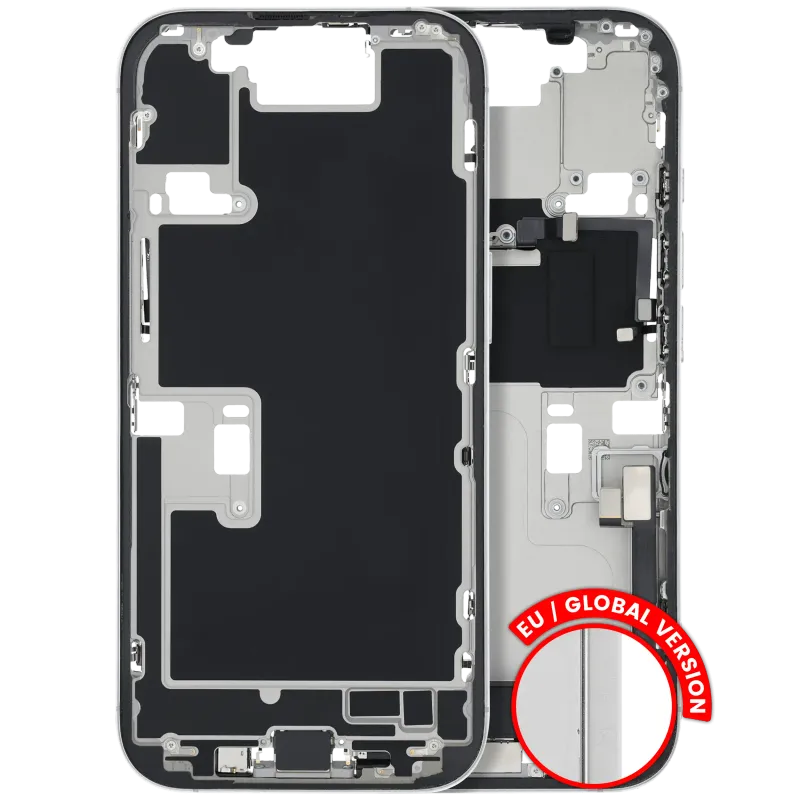 Střední rám (housing) s flexem nabíjecího konektoru a drobnými díly pro iPhone 16 Pro (EU verze) (originál z vyřazeného zařízení, stav B) (bílý titan)