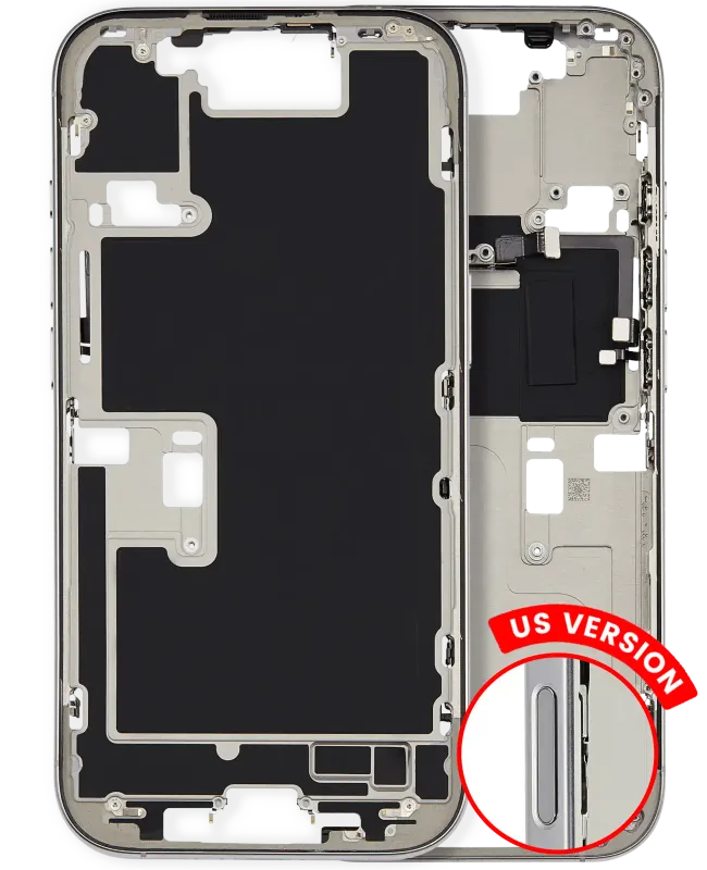 Střední rám (housing) s drobnými díly pro iPhone 16 Pro (US verze) (originál z vyřazeného zařízení, stav A) (přírodní titan)