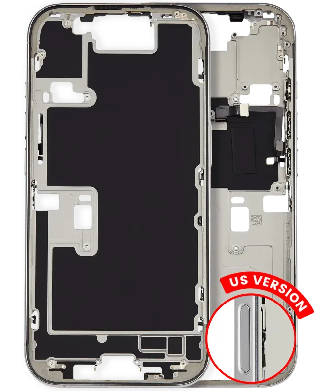 Střední rám (housing) s drobnými díly pro iPhone 16 Pro (US verze) (originál z vyřazeného zařízení, stav A) (bílý titan)