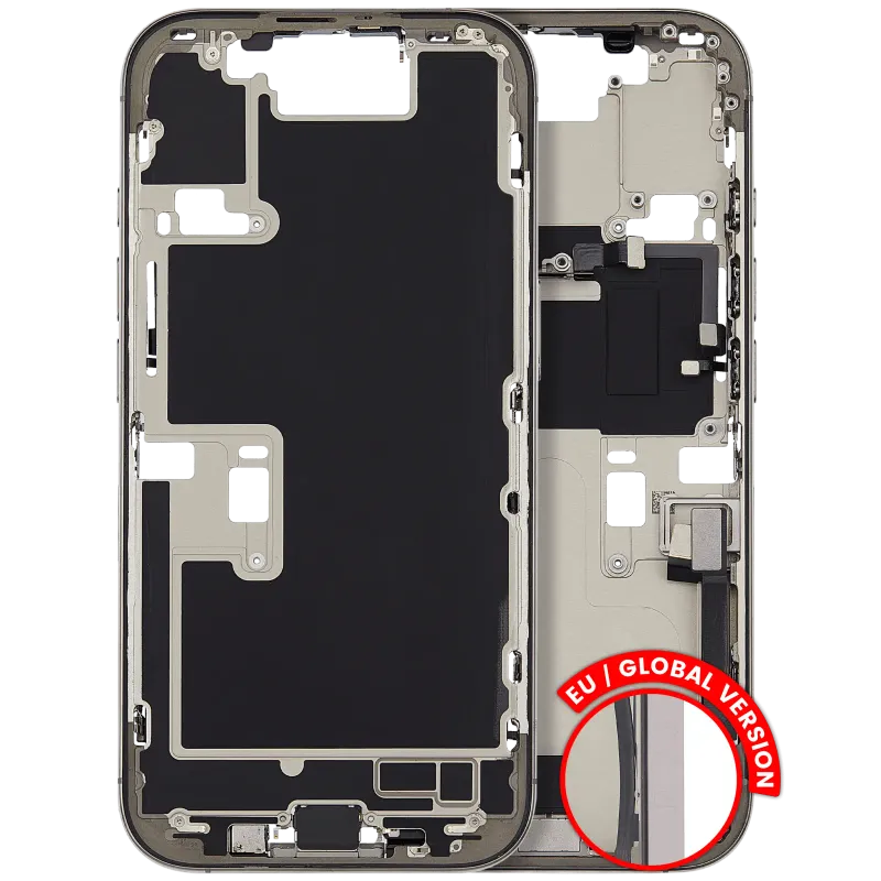Střední rám (housing) s flexem nabíjecího konektoru a drobnými díly pro iPhone 16 Pro (EU verze) (originál z vyřazeného zařízení, stav A) (přírodní titan)