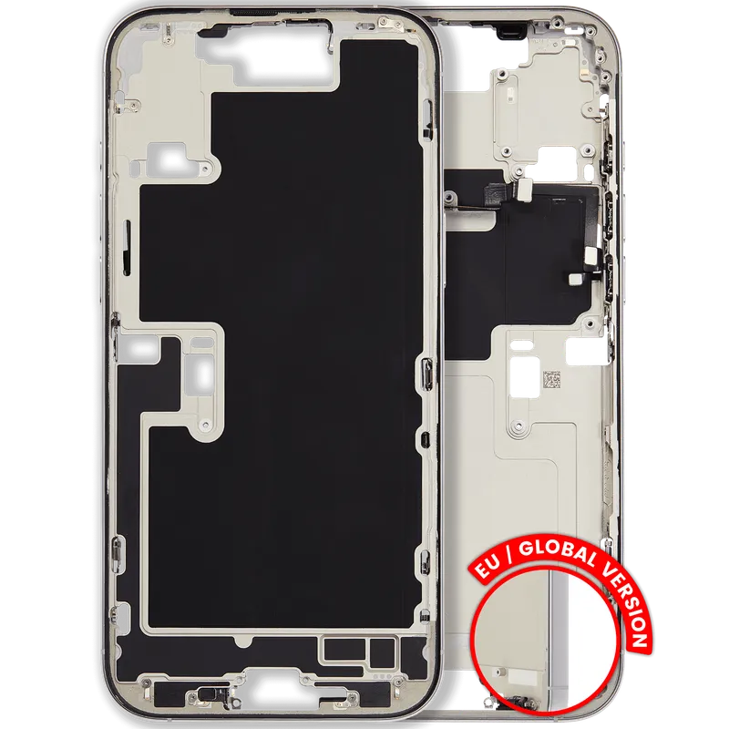Střední rám (housing) s drobnými díly pro iPhone 16 Pro Max (EU verze) (originál z vyřazeného zařízení, stav B) (bílý titan)