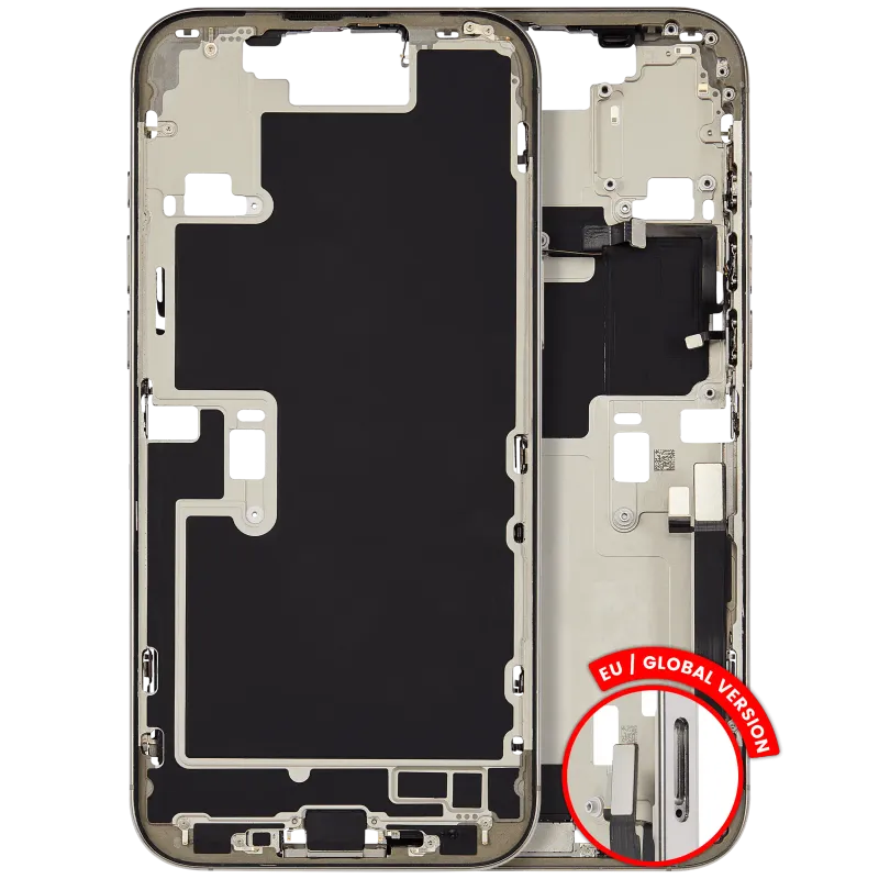 Střední rám (housing) s flexem nabíjecího konektoru a drobnými díly pro iPhone 16 Pro Max (EU verze) (originál z vyřazeného zařízení, stav B) (přírodní titan)