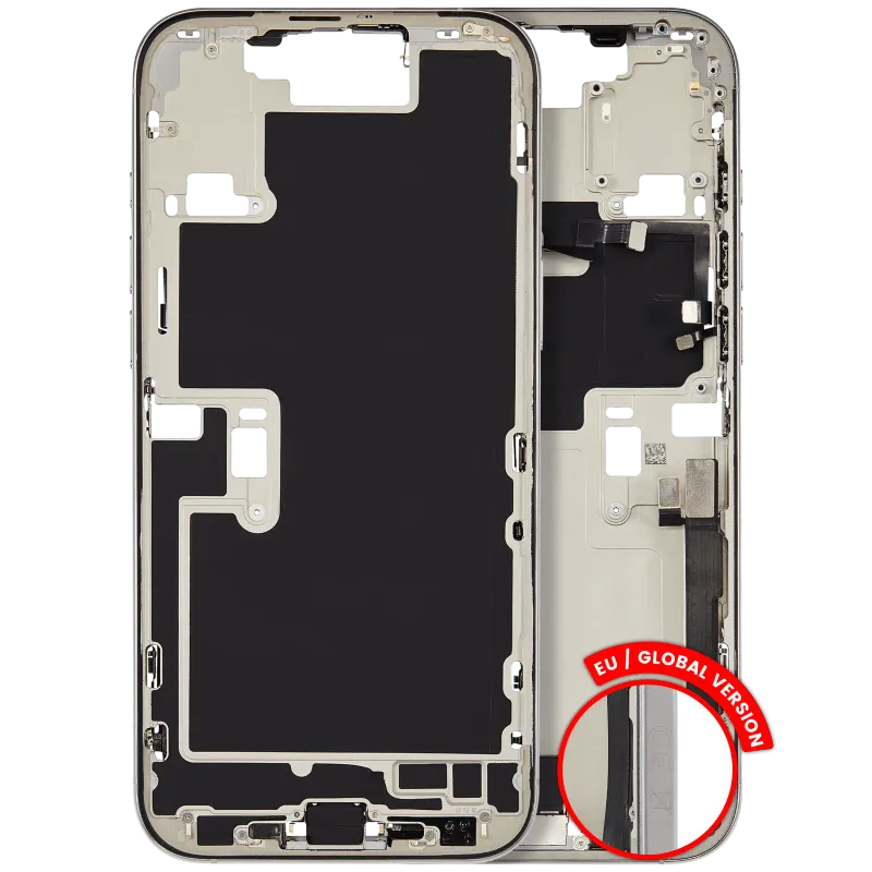 Střední rám (housing) s flexem nabíjecího konektoru a drobnými díly pro iPhone 16 Pro Max (EU verze) (originál z vyřazeného zařízení, stav B) (bílý titan)