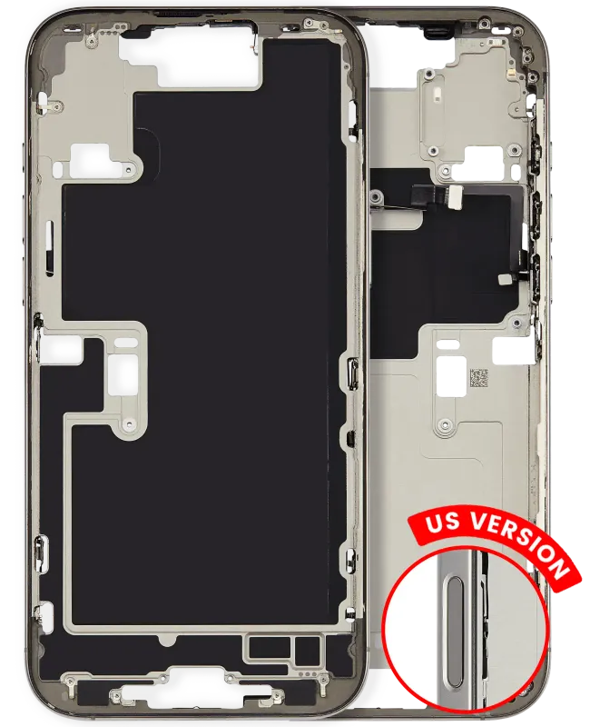 Střední rám (housing) s drobnými díly pro iPhone 16 Pro Max (US verze) (originál z vyřazeného zařízení, stav A) (přírodní titan)