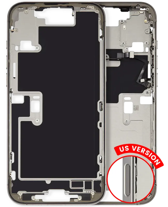 Střední rám (housing) s drobnými díly pro iPhone 16 Pro Max (US verze) (originál z vyřazeného zařízení, stav A) (bílý titan)
