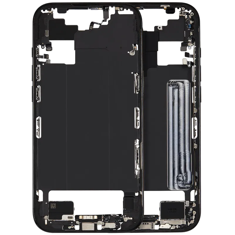 Střední rám (housing) s flexem nabíjecího konektoru a drobnými díly pro iPhone Air (US/EU verze) (originál z vyřazeného zařízení, stav C) (vesmírně černá)