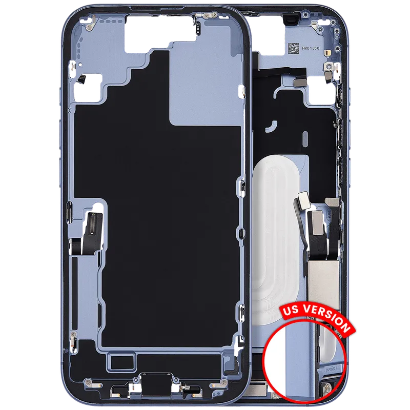 Střední rám (housing) s flexem nabíjecího konektoru a drobnými díly pro iPhone 17 (US verze) (originál z vyřazeného zařízení, stav C) (mlhavě modrá)