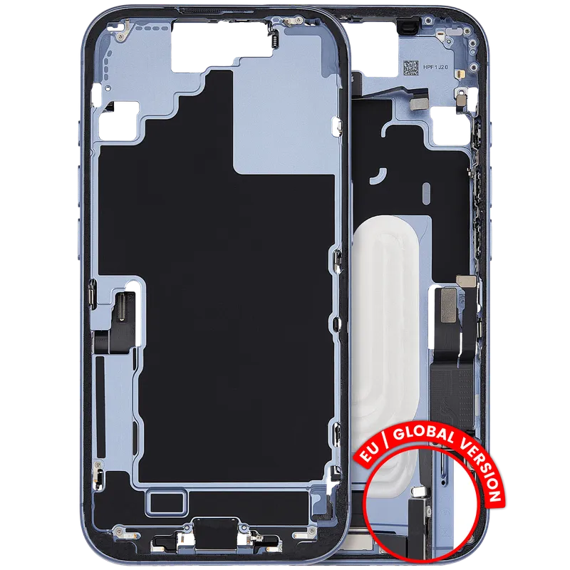 Střední rám (housing) s flexem nabíjecího konektoru a drobnými díly pro iPhone 17 (EU verze) (originál z vyřazeného zařízení, stav C) (mlhavě modrá)