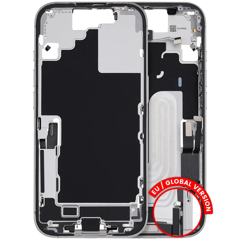 Střední rám (housing) s flexem nabíjecího konektoru a drobnými díly pro iPhone 17 (EU verze) (originál z vyřazeného zařízení, stav B) (bílá)
